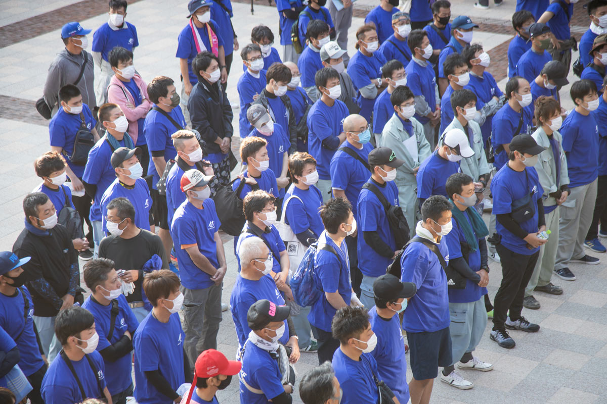 写真：当日の朝にぱれっとごうつ広場に集合するA1市街地グランプリGOTSU2020設営・撤去ボランティア